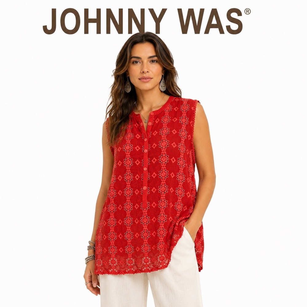 Johnny Was Red Sleeveless Eyelet Embroidered Button Up Top Tunic Tank Blouse XL